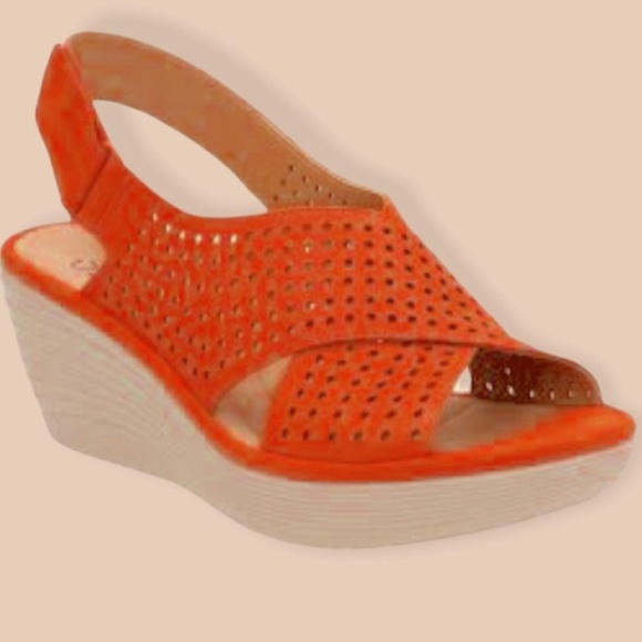 Clarks Shoes - EUC Clarks Reedly Variel Wedge Sandal Papaya Orange Size 7
